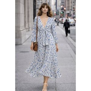 Emory Park Women’s Blue Floral Midi Dress Size L V-Neck Long Sleeve Tie Waist